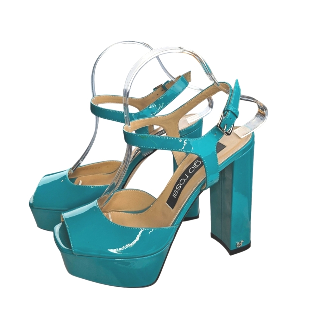 ❤️SPECIAL❤️SERGIO ROSSI Milano Turquoise Patent Leather Platform Sandals